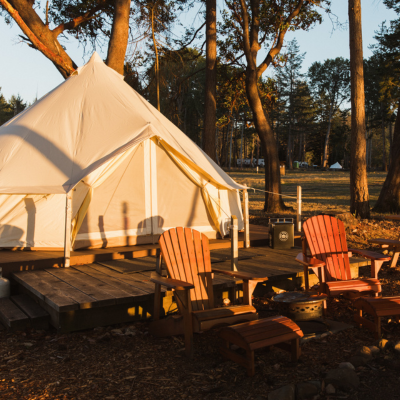 Glamping tent viewed from outside at asunrise